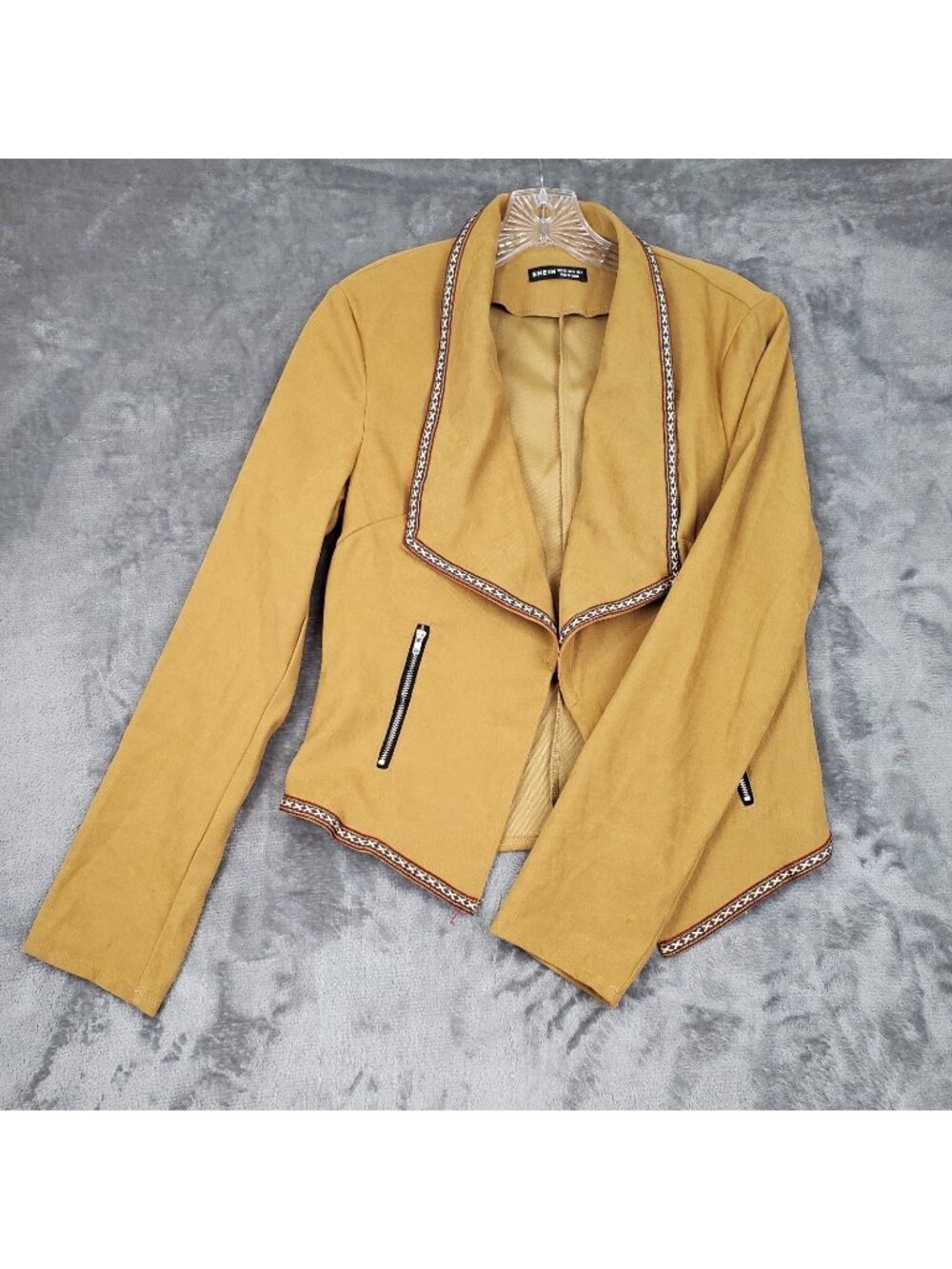 Faux Suede Camel Cardigan Wrap Jacket Western Boho Open Front Embroider Trim XS